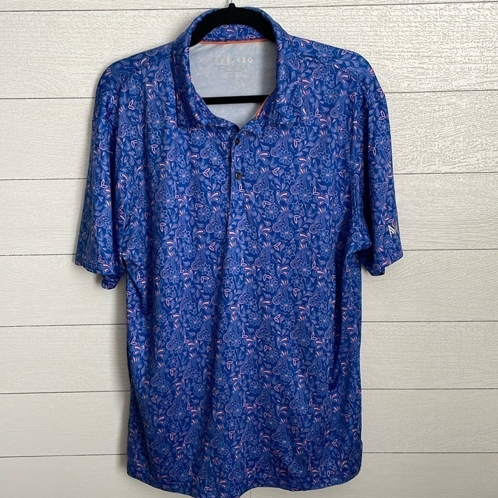 Maelreg‎ Men's Blue & Pink Paisley Short Sleeve Golf Polo Shirt Size Medium
